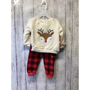 René Rofé Kids Cream Cozy Reindeer Fleece Plaid Pants Set Size 6-9 Months